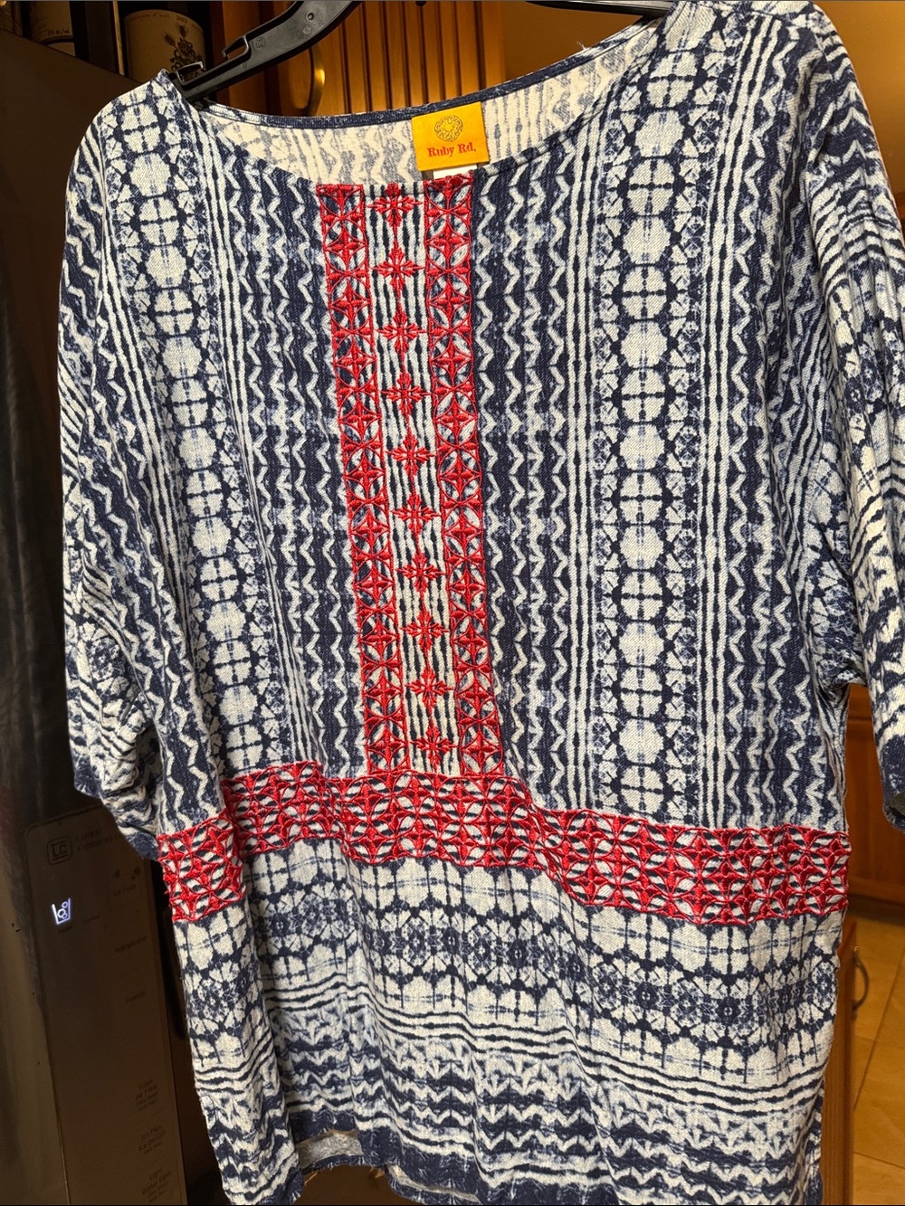Ruby Rd. Navy and White Patterned Tunic with Red Embroidered Trim